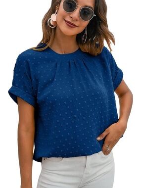 Milumia Royal Blue Swiss Dot Blouse Short Sleeve Crewneck Work Top Large NWOT